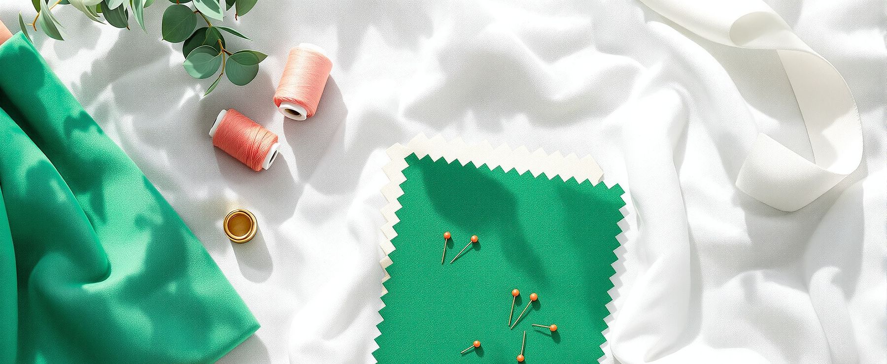 Green fabric swatch with pins, coral thread spools and a thimble