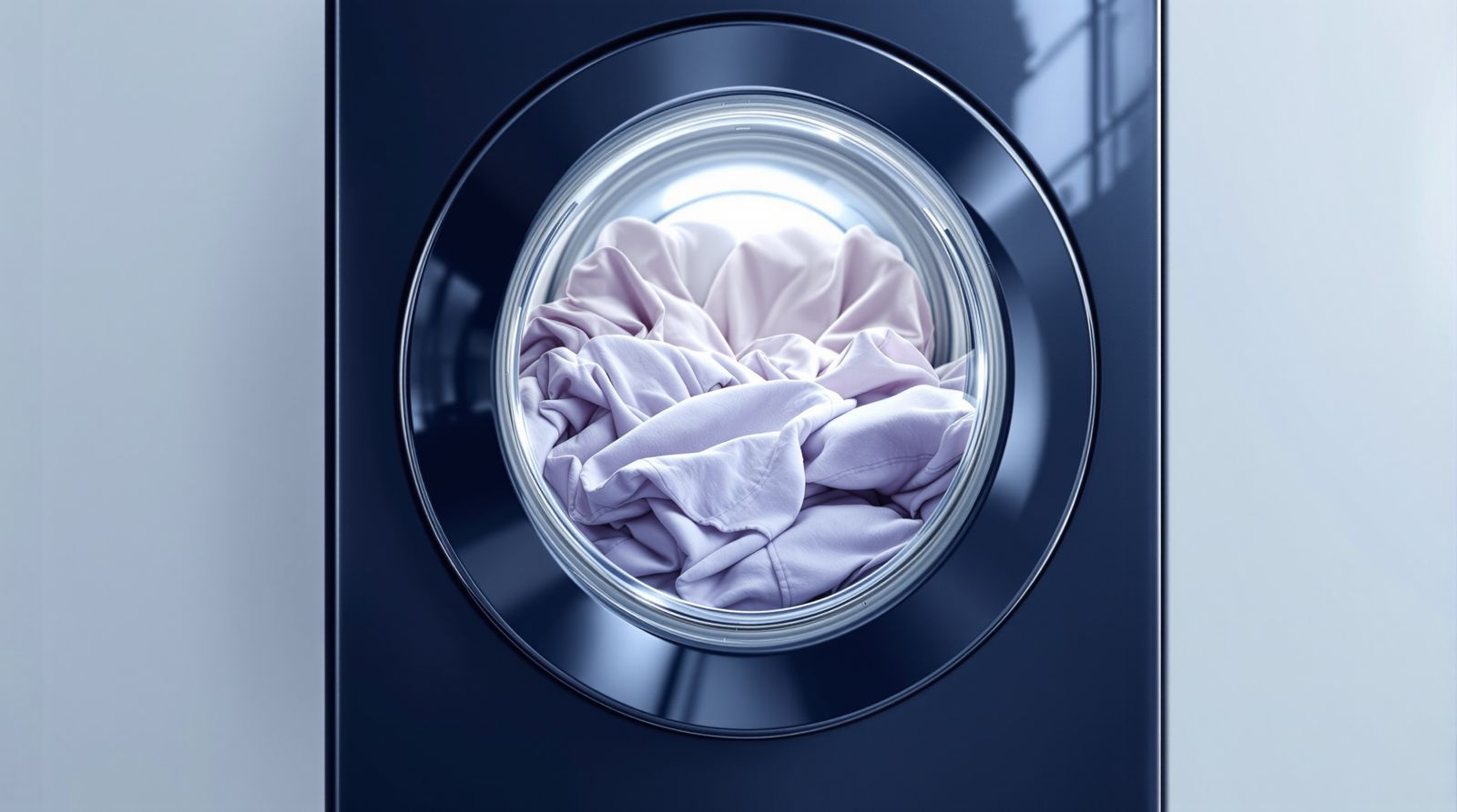 Laundry tumbling behind a washer porthole