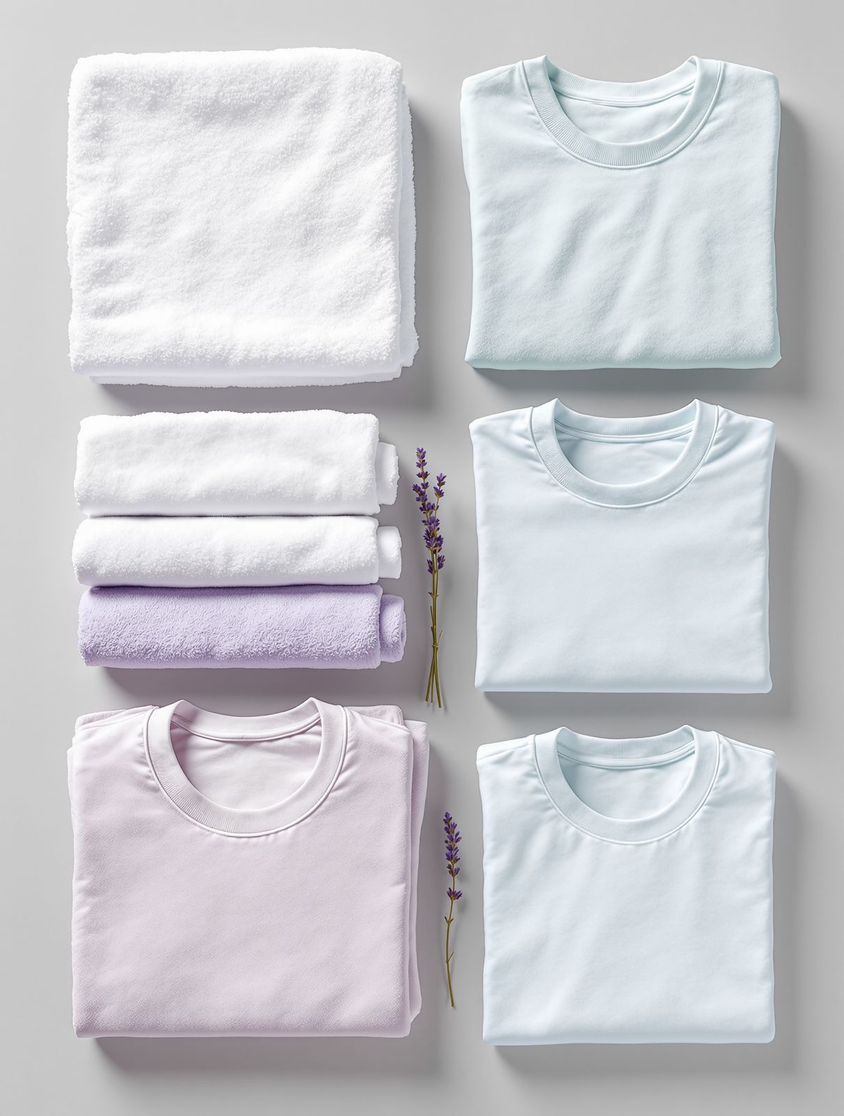 Neatly folded towels and t-shirts in a grid