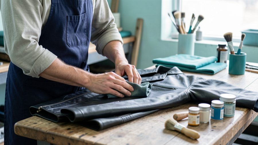 A craftsperson conditioning a black leather jacket at a workbench